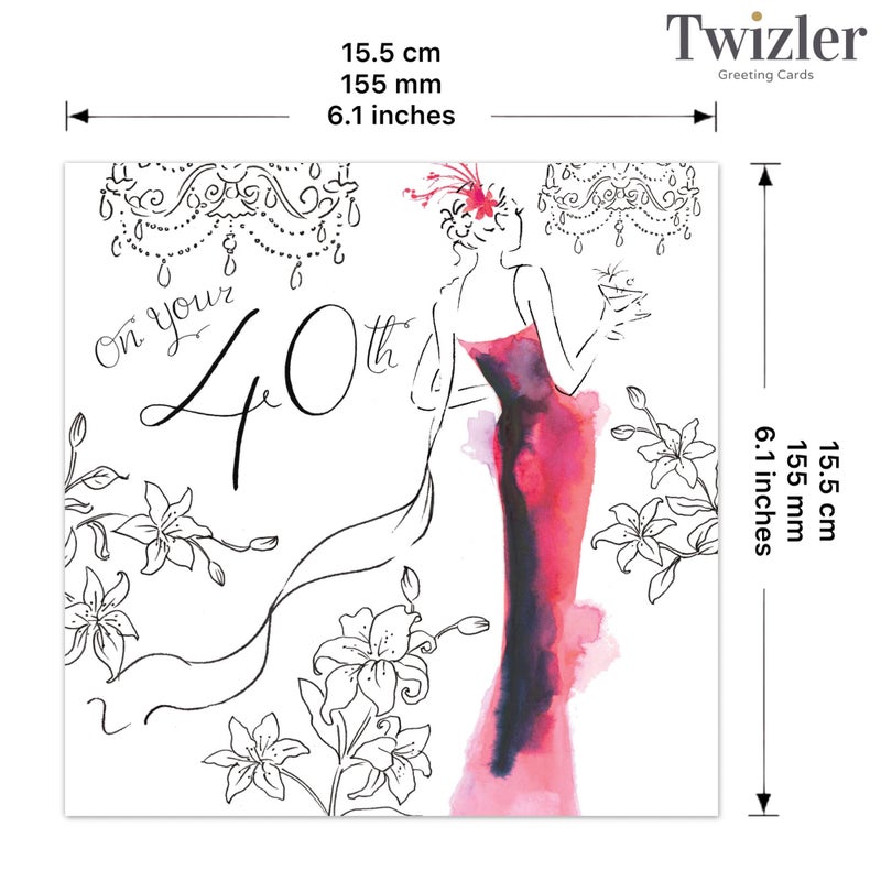Twizler بطاقة عيد ميلاد تويزلر الأربعين لها بتشطيب كريستالي وتأثير ألوان مائية - بطاقة عيد ميلاد سعيدة للنساء بعمر 40 سنة - Image 4